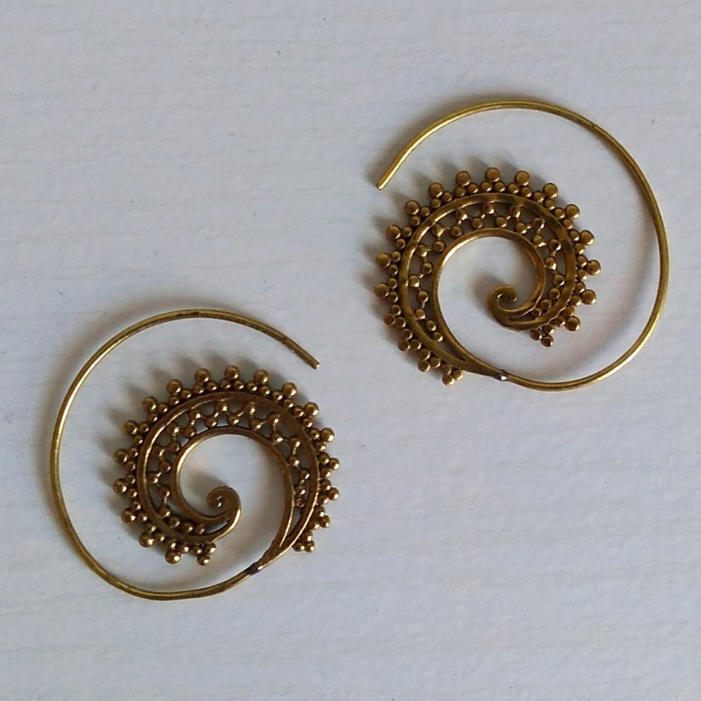 Handmade gold tone metal spiral circle hoops